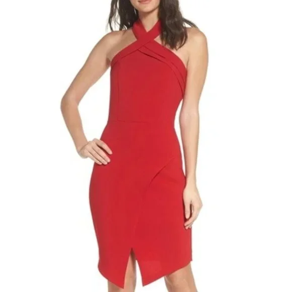 ADELYN RAE Halter Asymmetrical Sheath Dress In Red Size XS